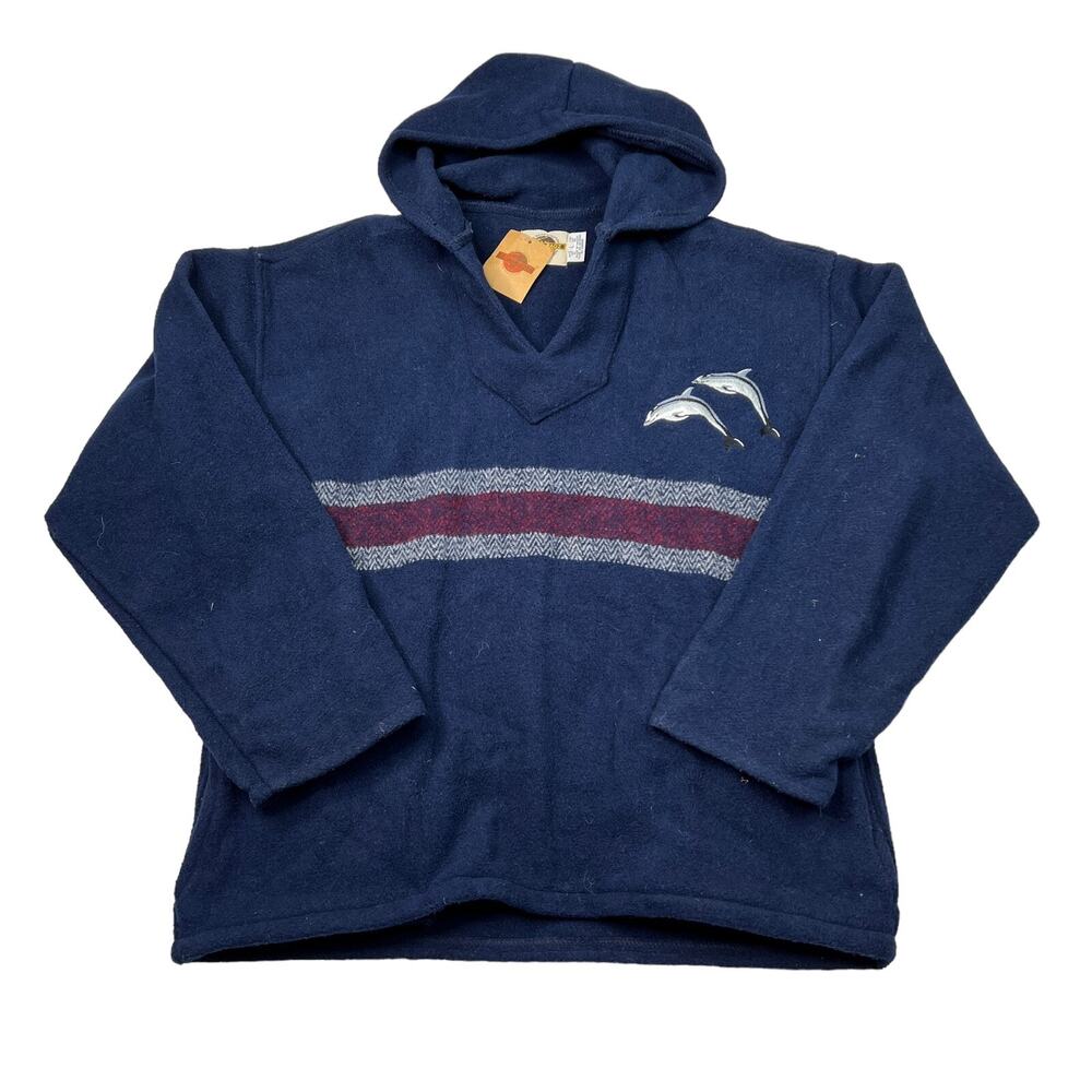 Vintage 90s Dolphin Embriodered Fleece Pullover Hoodie Sweatshirt NEW Blue Large